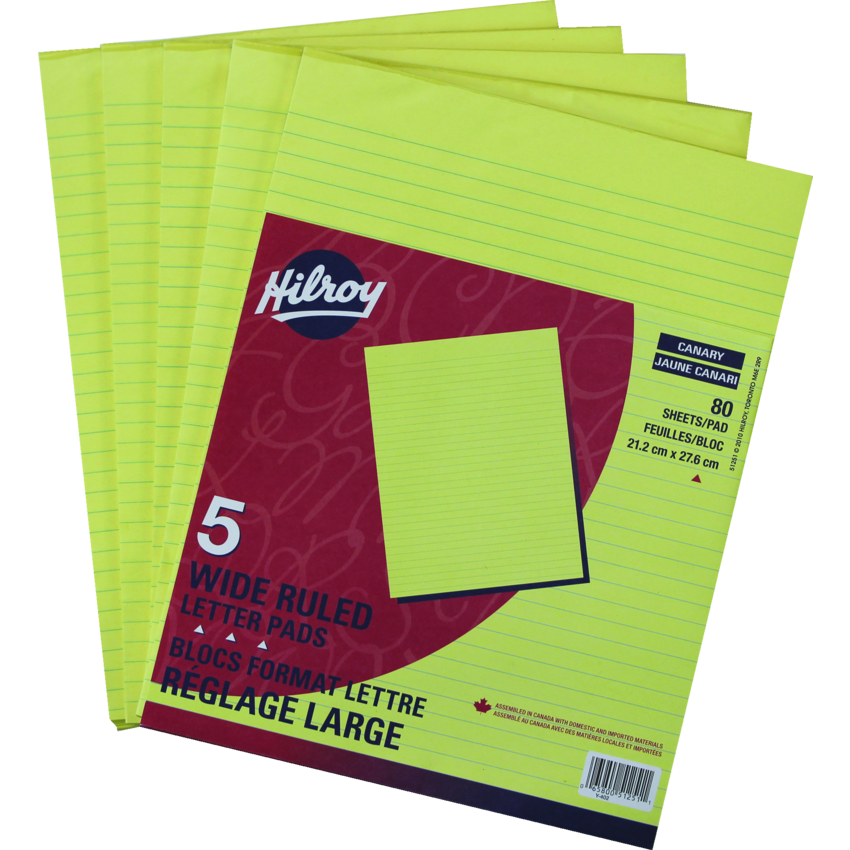 Hilroy Writing Pads Wide Rule 80 sheets per pad 8-3/8" x 10-7/8" Canary 5 pads/pkg