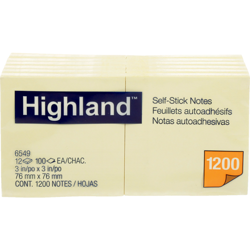 Highland™ Self-Stick Note Message Pads 3" x 3"  Yellow 12 pads/pkg
