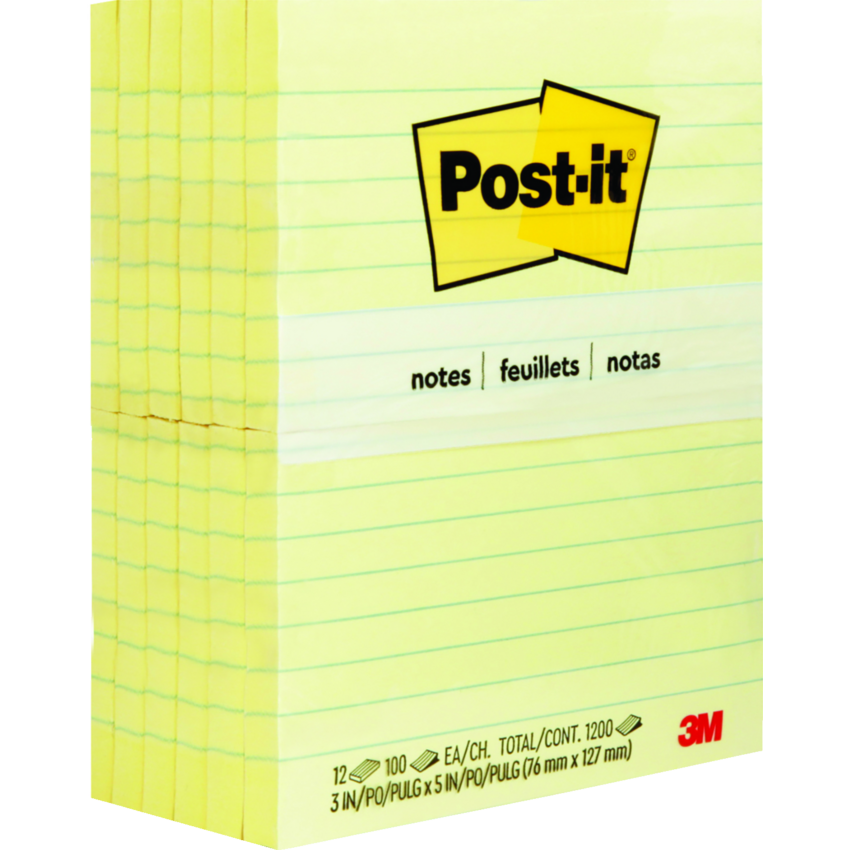 Post-it® Notes Lined 3" x 5" 100 sheets per pad Canary Yellow™  12 pads/pkg