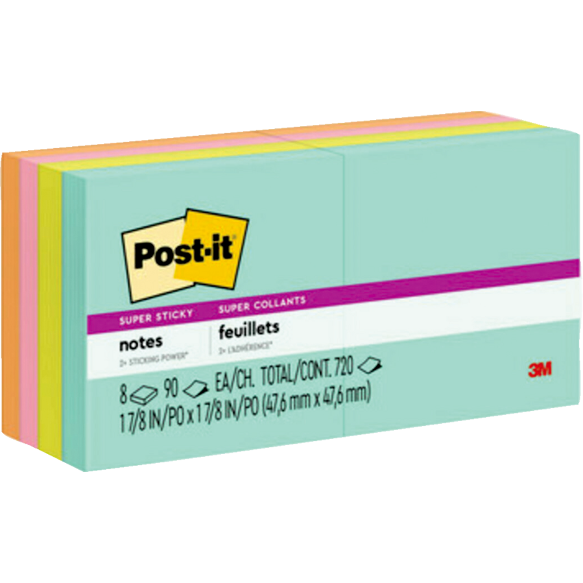 Post-it® Super Sticky Notes 2" x 2" 90 sheets per pad Assorted Miami Colours 8 pads/pkg