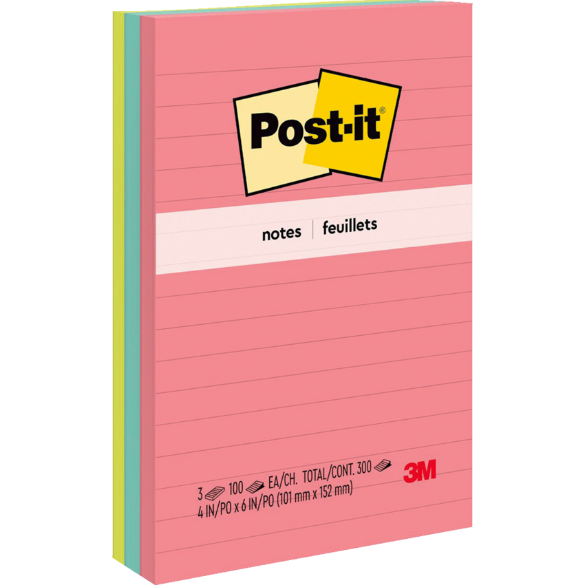 Post-it® Notes Lined 4" x 6" 100 sheets per pad Assorted Poptimistic Colours 3 pads/pkg