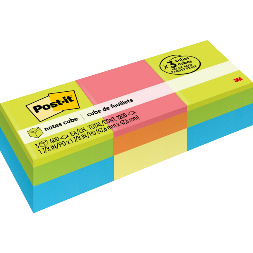 Post-it® Notes Cube 2" x 2" Assorted Bright Colours 400 sheets per pad 3 pads/pkg