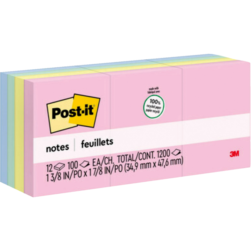 Post-it® Greener Notes 1-1/2" x 2" 100 sheets per pad Assorted Helsinki Colours 12 pads/pkg