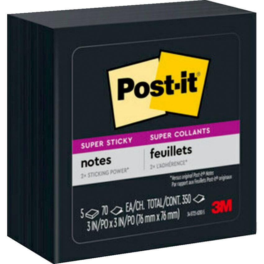 Post-it® Super Sticky Notes Cubes 3" x 3" 70 Sheets Black 5 pads/pkg
