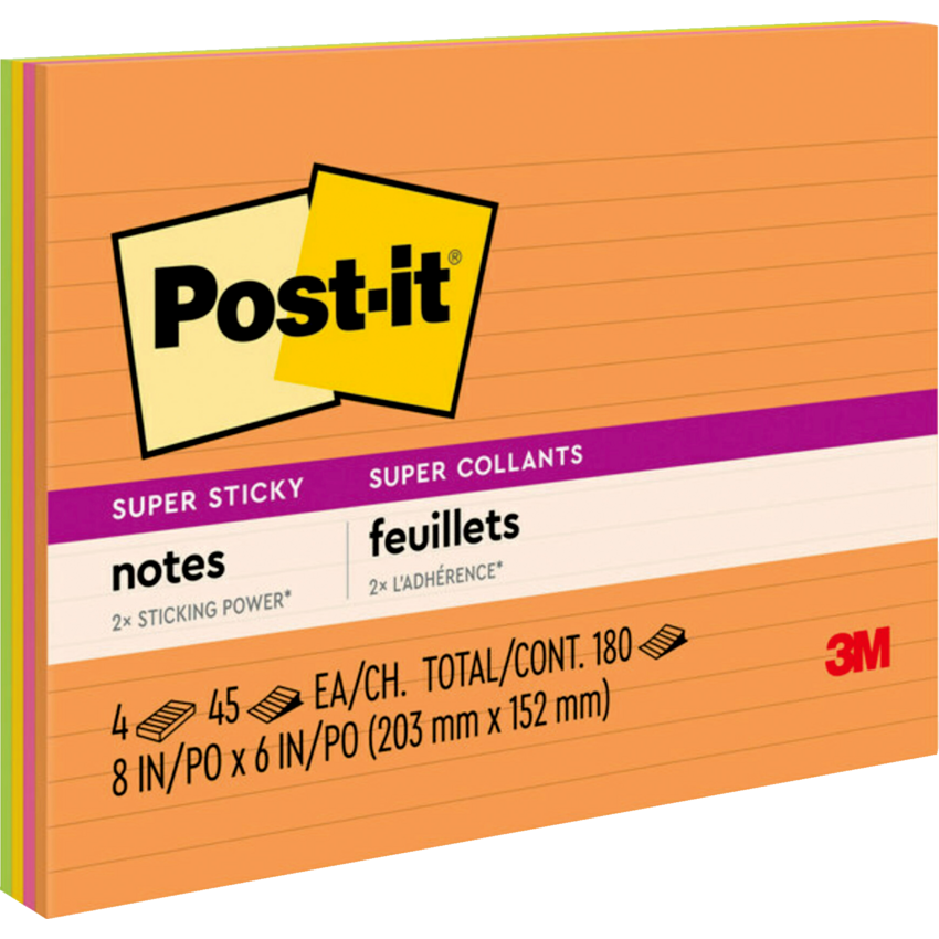 Post-it® Super Sticky Meeting Notes 8" x 6" Lined  45 sheets per pad Assorted Energy Boost Colours 4 pads/pkg