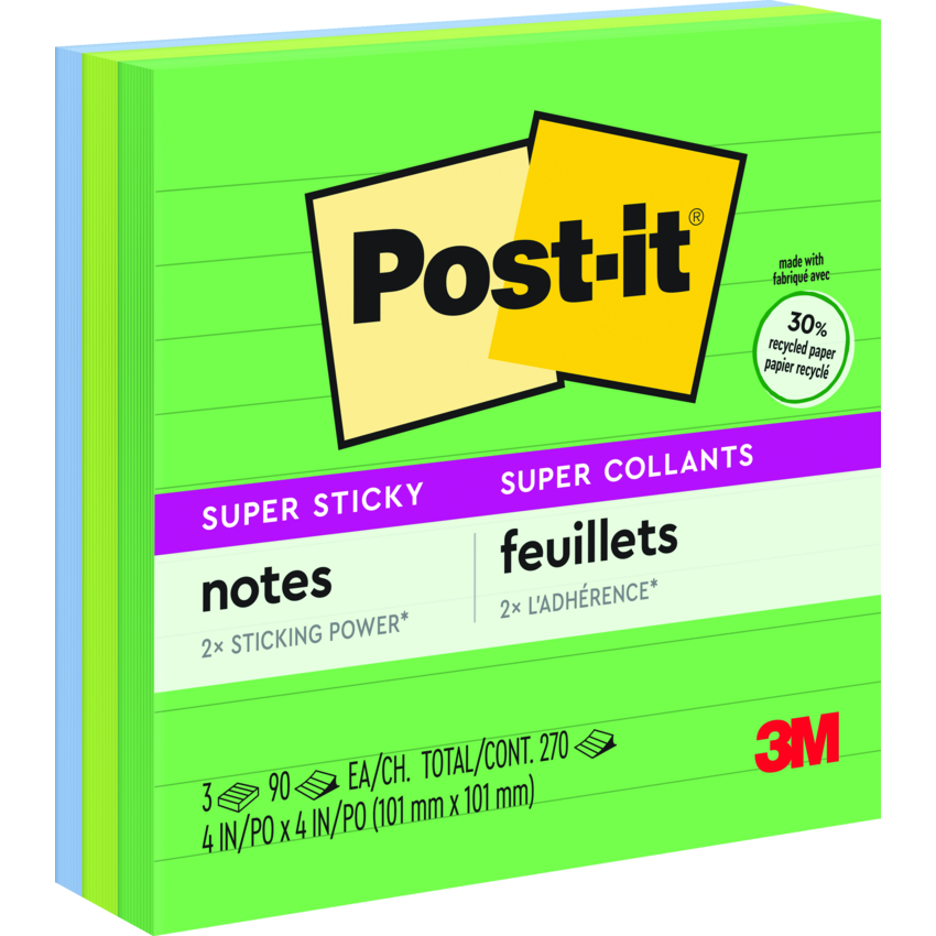 Post-it® Super Sticky Notes 4" x 4" Lined 90 sheets per pad Assorted Oasis Colours 3 pads/pkg