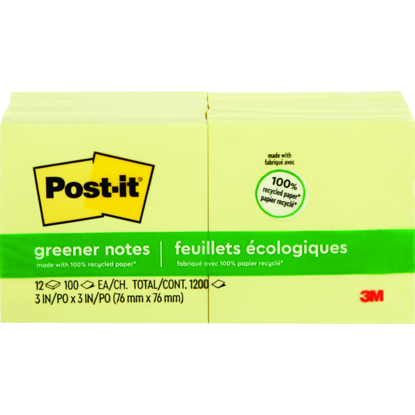 Post-it® Greener Notes 3" x 3" 100 sheets per pad Canary Yellow 12 pads/pkg