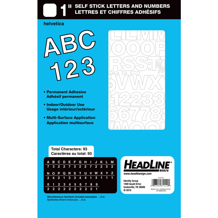 Headline® Self-Adhesive Vinyl Lettering Capitals and numerals 1" White