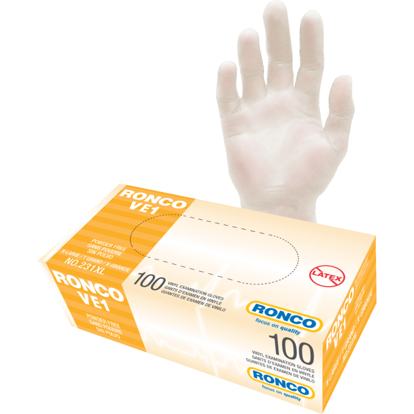 RONCO VE1 Examination Vinyl Gloves X-Large Clear 100/box