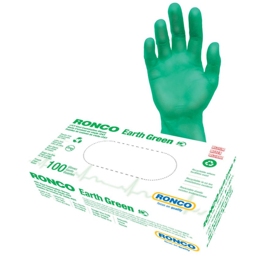 RONCO Earth Vinyl Examination Gloves Medium Green 100/box