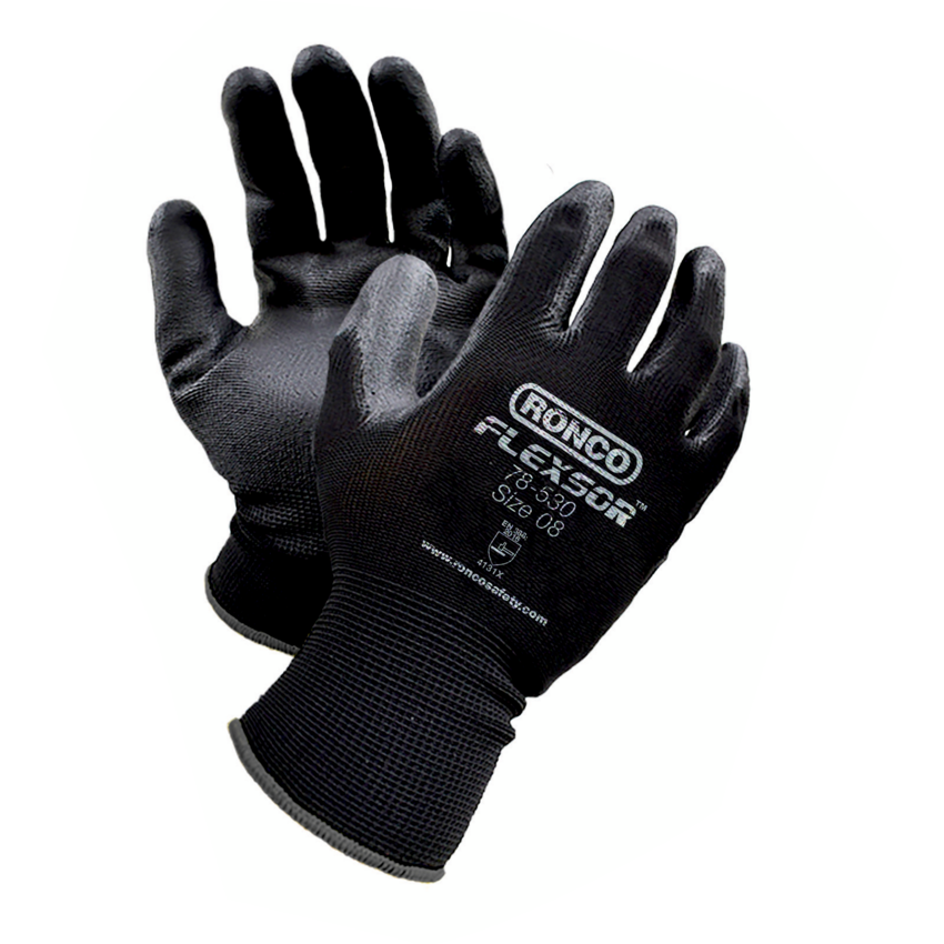 RONCO Flexsor™ Polyurethane Palm Coated Gloves Medium Black on Black 12 pairs/pkg