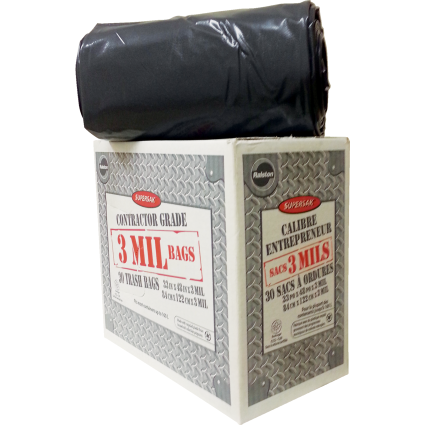 Ralston Supersak® Contractor Garbage Bags 33" x 48" Black 15 bags per roll 2 rolls/ctn