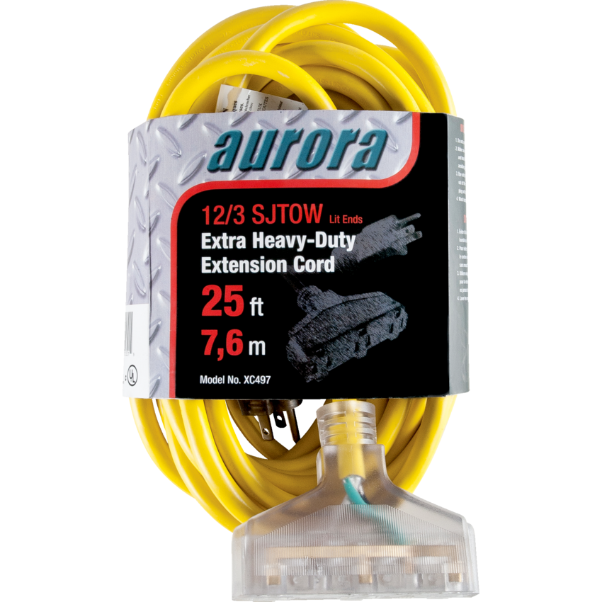 Aurora Tools® Outdoor Vinyl Triple Tap Extension Cord with Light Indicator 25' Yellow