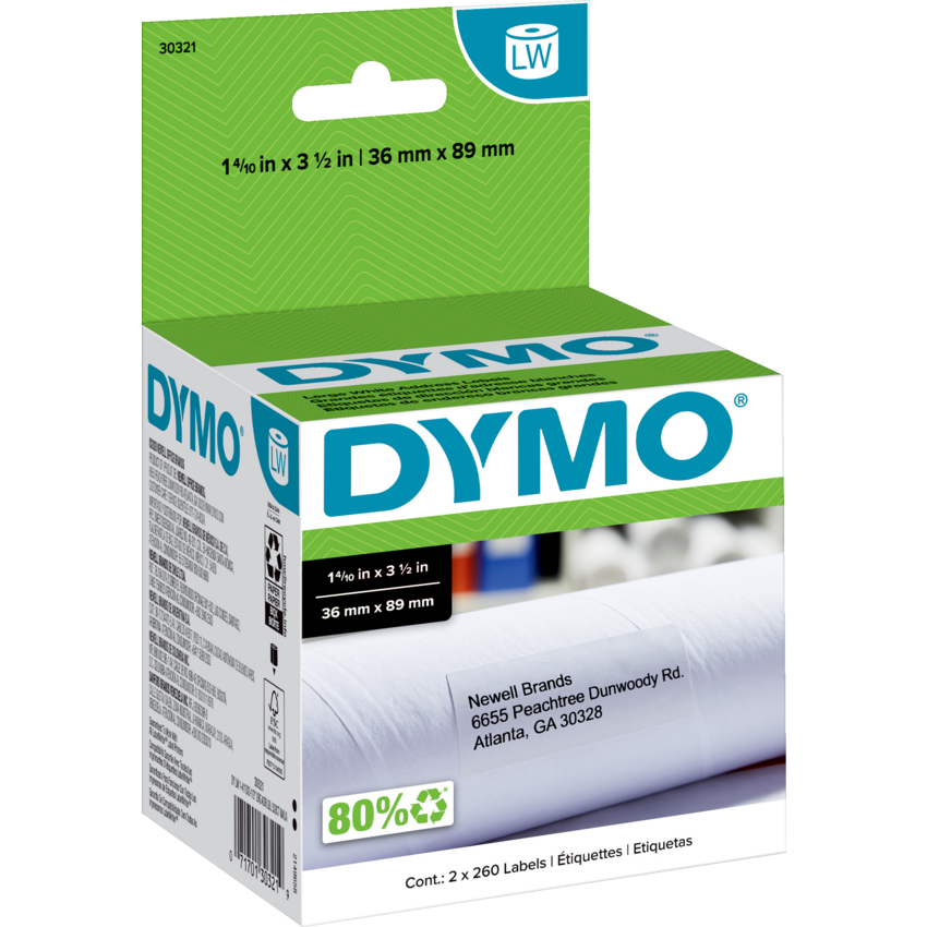 DYMO® LabelWriter® Large Address Labels 1-2/5" x 3-1/2" White 260 Labels 2 rolls/box