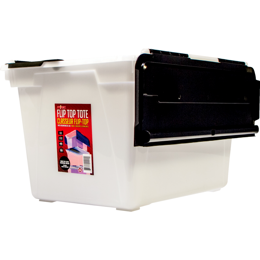 Storex® Flip Top Storage Tote Clear with Black Top
