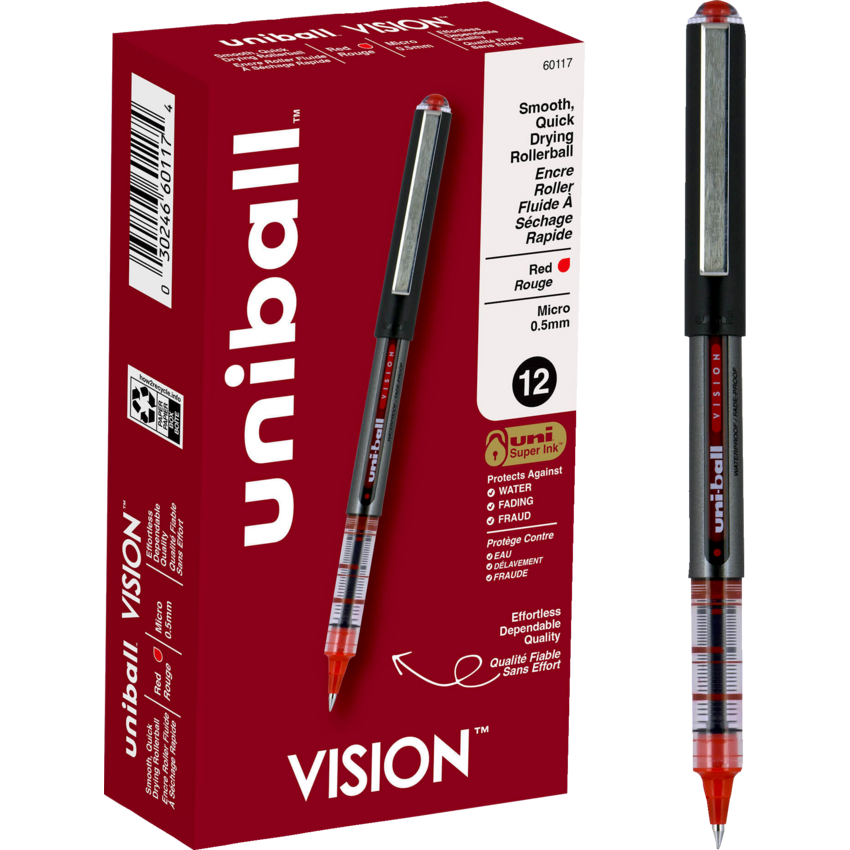 uni-ball® Vision™ Roller Pen 0.5 mm Red with Metallic Charcoal Barrel 12/box