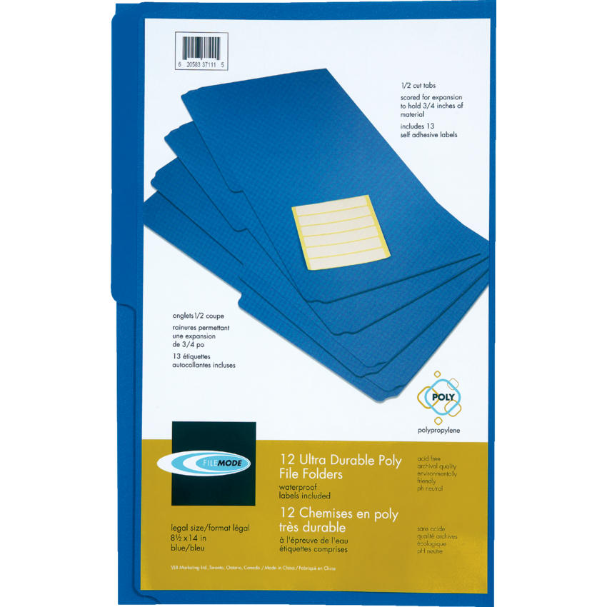 VLB File Mode Poly File Folders 1/2 Cut Legal Blue 12/pkg