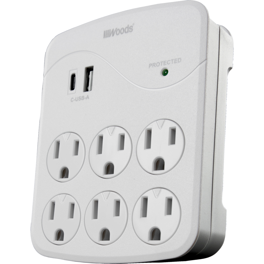 Woods® 6-Outlet/USB A&C Ports Wall Tap Surge Protector White
