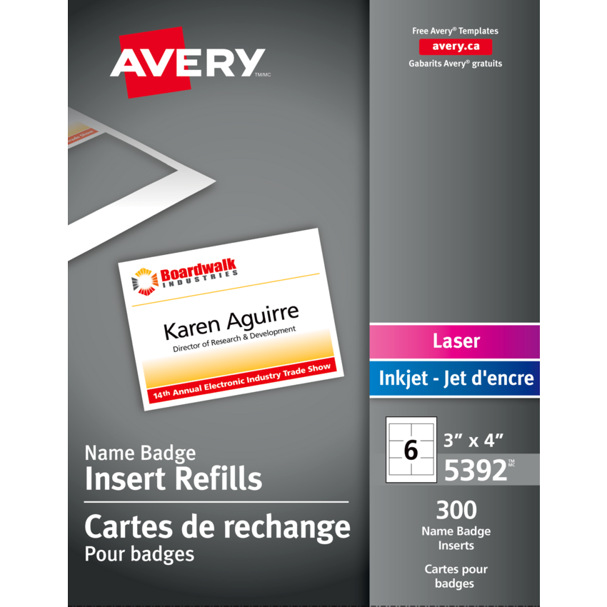 Avery® Name Badge Card Refills 4" x 3" White 50 sheets per package 300 cards/box
