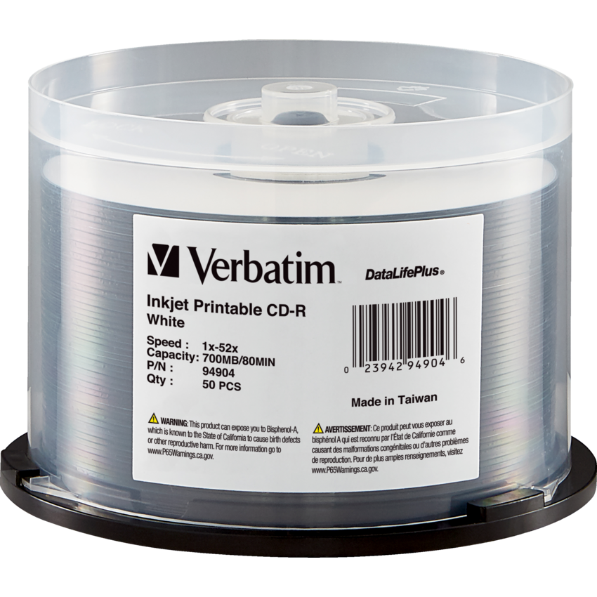 Verbatim® DataLifePlus® CD-Rs 52X 80 min 700 MB Printable White 50/spindle